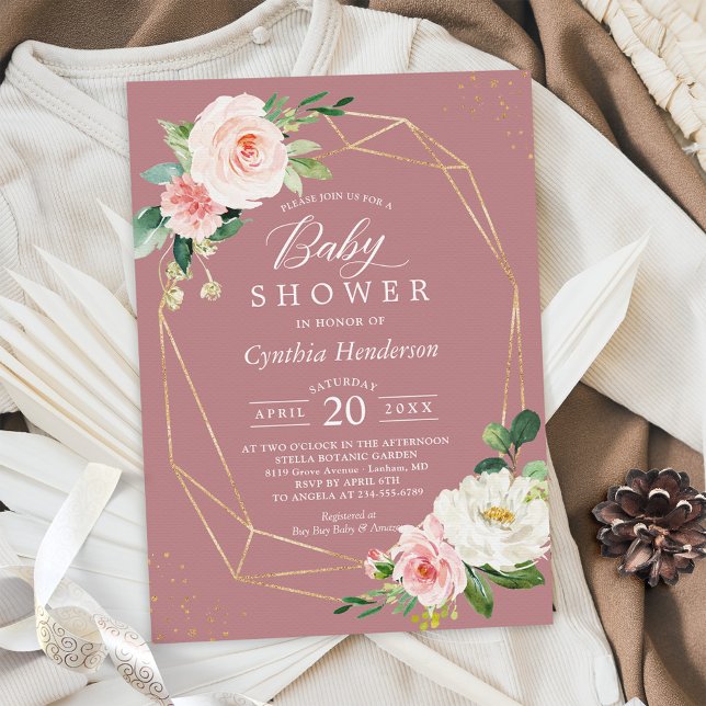 Dusty Rose Blush Floral Gold Geometric Baby Shower Invitation (Creator Uploaded)