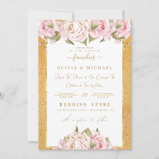 Dusty Rose Blush Floral Golden Sand Foil Wedding Invitation (Front)