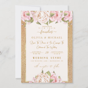 Dusty Rose Blush Floral Golden Sand Foil Wedding Invitation