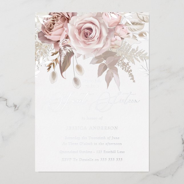 Dusty Rose & Blush Floral Silver Foil Sweet 16 (Front)