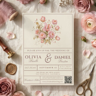 Dusty Rose Blush Floral Vintage Romantic Wedding Invitation