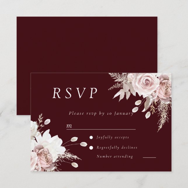 Dusty Rose Blush Floral Wedding Deep Burgundy RSVP Card (Front/Back)