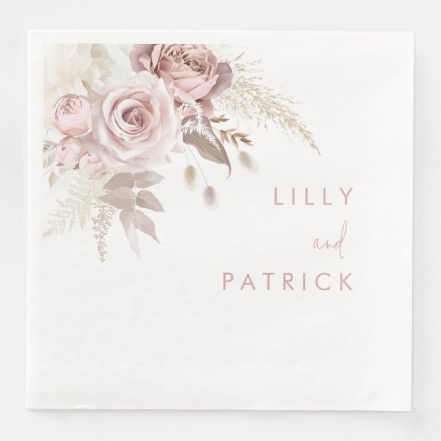 Dusty Rose & Blush Floral Wedding Engagement  Napkin (Front)