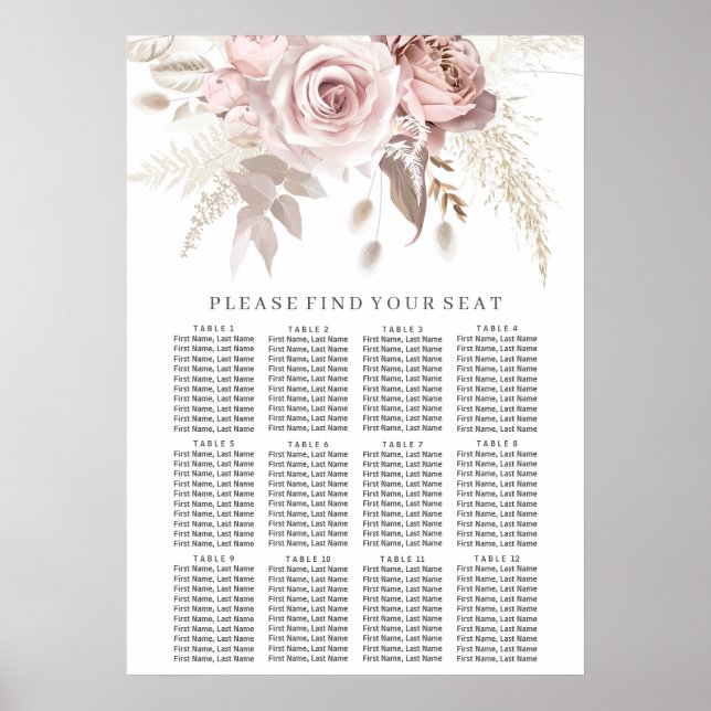 Dusty Rose Blush Floral Wedding Seating Chart (Front)