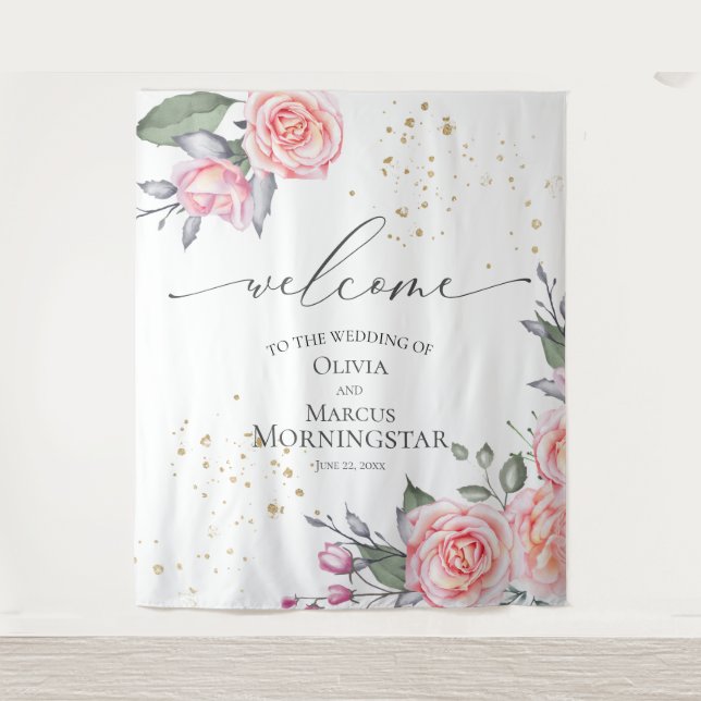 Dusty Rose Blush Pink Floral Wedding Prop Tapestry (Front)