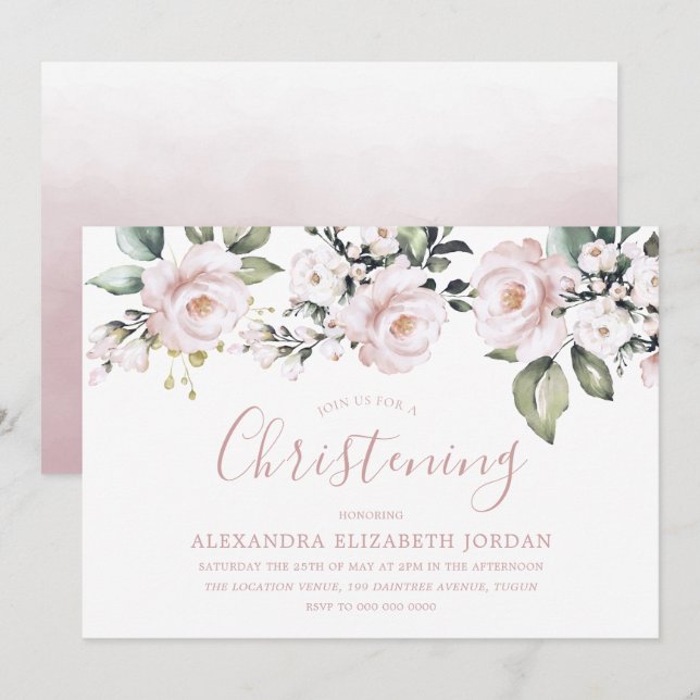 Dusty Rose Blush Pink Flowers Christening Baptism Invitation (Front/Back)