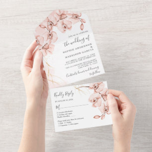 Dusty Rose Blush Pink Orchid Watercolor Wedding All In One Invitation