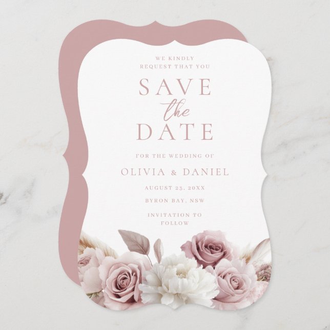 Dusty Rose & Blush Roses All Seasons Wedding Save The Date (Front/Back)