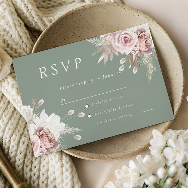 Dusty Rose Blush & Sage Floral Wedding All Event RSVP Card (Creator Uploaded)