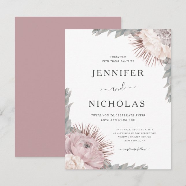 Dusty Rose Boho Dried Flowers Wedding Invitation  Postcard (Front/Back)