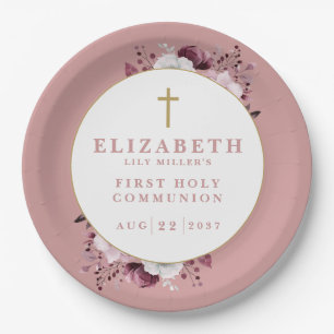 Dusty Rose Boho Floral First Holy Communion Paper Plate