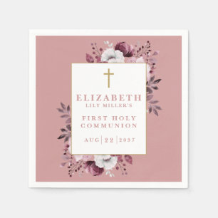 Dusty Rose Boho Floral Modern First Holy Communion Napkin