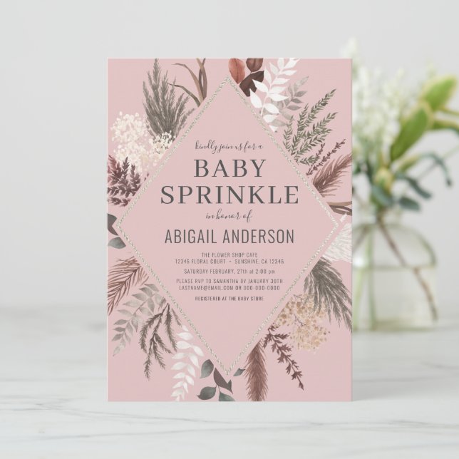 Dusty Rose Boho Floral Pampas Grass Baby Sprinkle  Invitation (Standing Front)