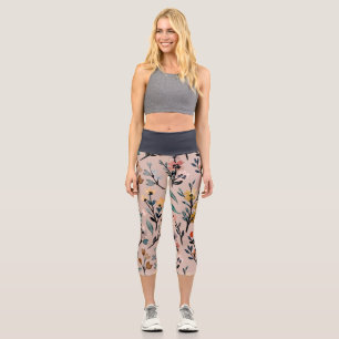 Dusty Rose Boho Floral Watercolor Capri Leggings
