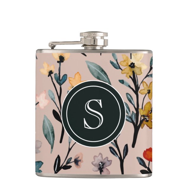 Dusty Rose Boho Floral Watercolor Custom Hip Flask (Front)