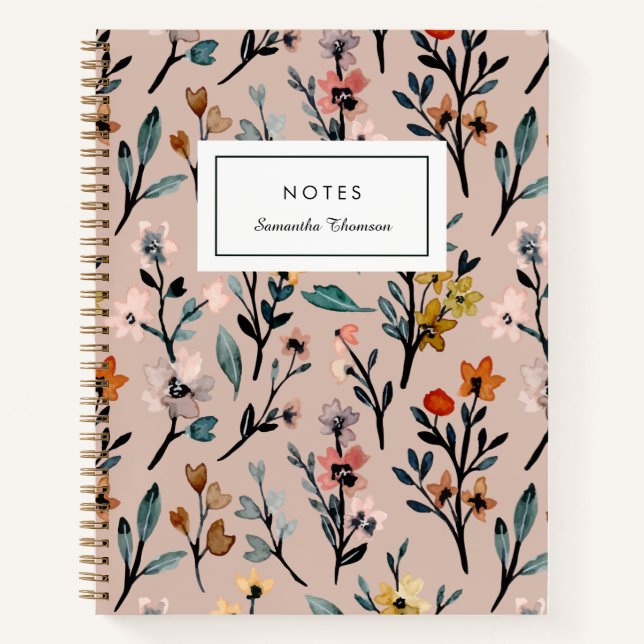 Dusty Rose Boho Floral Watercolor Custom Notebook (Front)