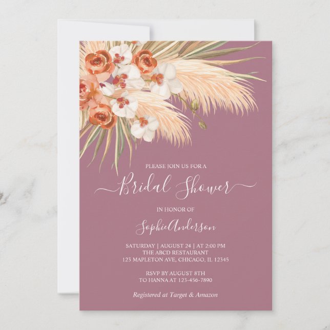 Dusty Rose Boho Pampas Grass Bridal Shower Invitation (Front)