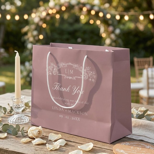 Dusty rose botanical crest monogram wedding large gift bag (Creator Uploaded)