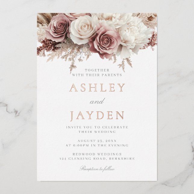 Dusty Rose Botanical Flowers Wedding Rose Gold (Front)