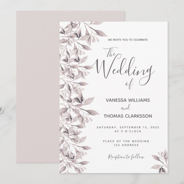 Dusty rose botanical foliage script wedding invitation (Front/Back)