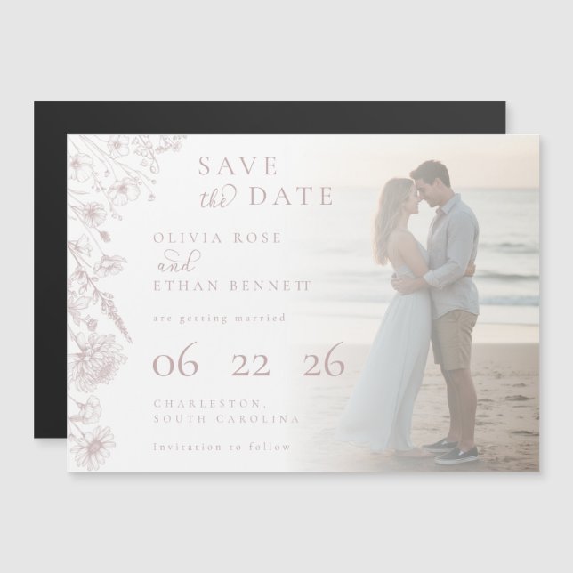 Dusty Rose Botanical Photo Wedding Save the Date (Front/Back)