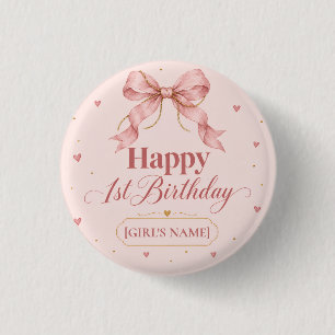 Dusty Rose Bow First Birthday Design 1 Inch Round Button