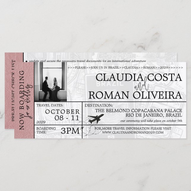 Dusty Rose Brésil Mariage Boarding Pass Invitation (Devant / Derrière)