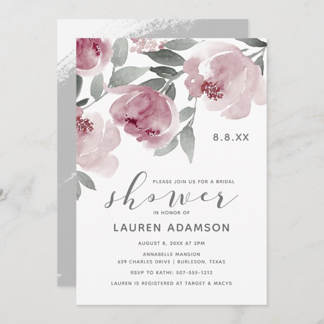 Dusty Rose Bridal Shower Soft Watercolor Invitation (Front/Back)