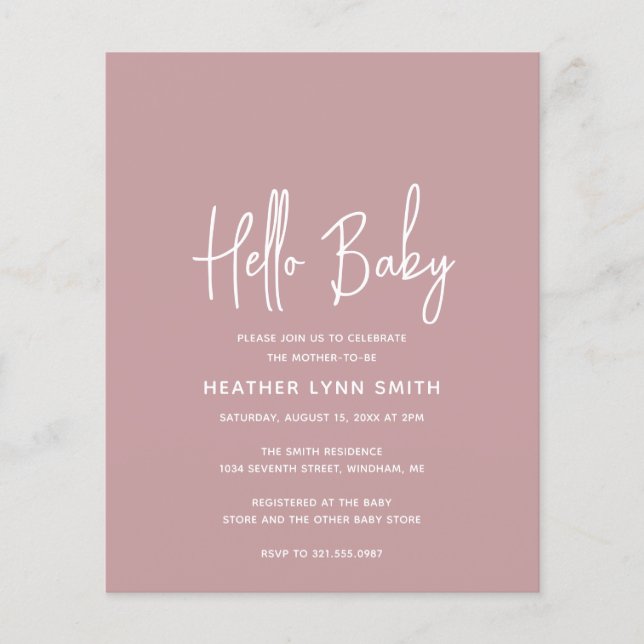 Dusty Rose Budget Hello Baby Shower Invitation (Front)