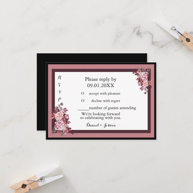 Dusty Rose Burgandy Wedding RSVP Invitation (Front/Back In Situ)