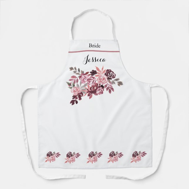 Dusty Rose Burgundy Floral Apron For Bride (Front)