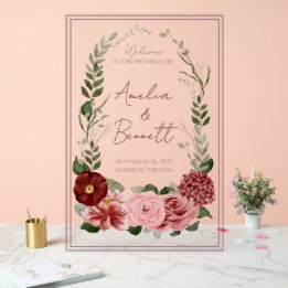 Dusty Rose Burgundy Floral Arch Wedding Welcome Acrylic Sign