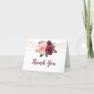 Dusty Rose Burgundy Floral String Lights Wedding Thank You Card