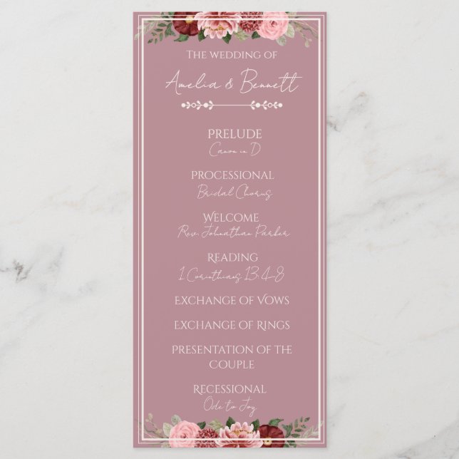 Dusty Rose Burgundy Floral Wedding Ceremony Progra Program (Front)