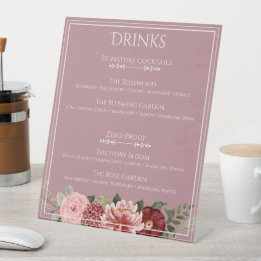 Dusty Rose Burgundy Floral Wedding Drink Menu Sign