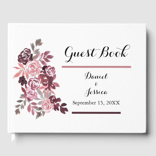 Dusty Rose Burgundy Floral Wedding Guest Book (Front)