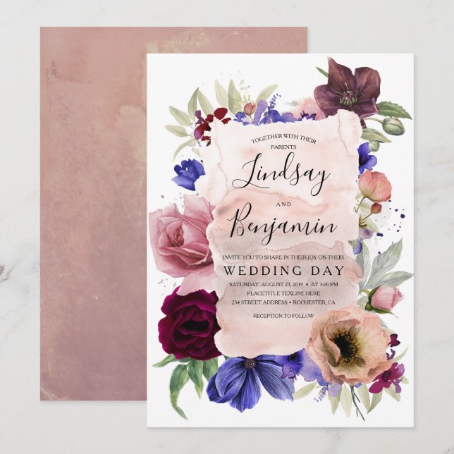 Dusty Rose Burgundy Red and Navy Floral Wedding Invitation (Front/Back)