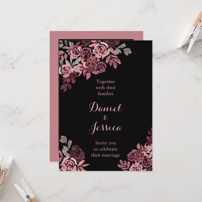 Dusty Rose Burgundy Wedding Invitation (Front/Back In Situ)