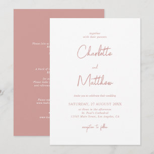 Dusty Rose Calligraphy Details on Back Wedding Invitation