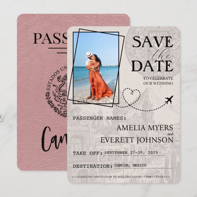 Dusty Rose Cancun Passport Save The Date (Front/Back)