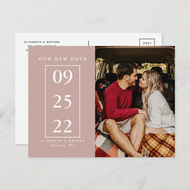 Dusty Rose Change Date Photo Wedding Postponement Postcard (Front/Back)