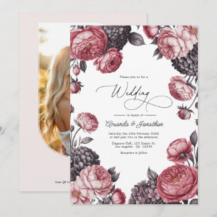 Dusty Rose & Charcoal Gray Floral Wedding Photo Invitation