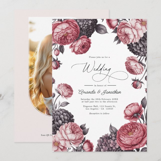 Dusty Rose & Charcoal Gray Floral Wedding Photo Invitation (Front/Back)