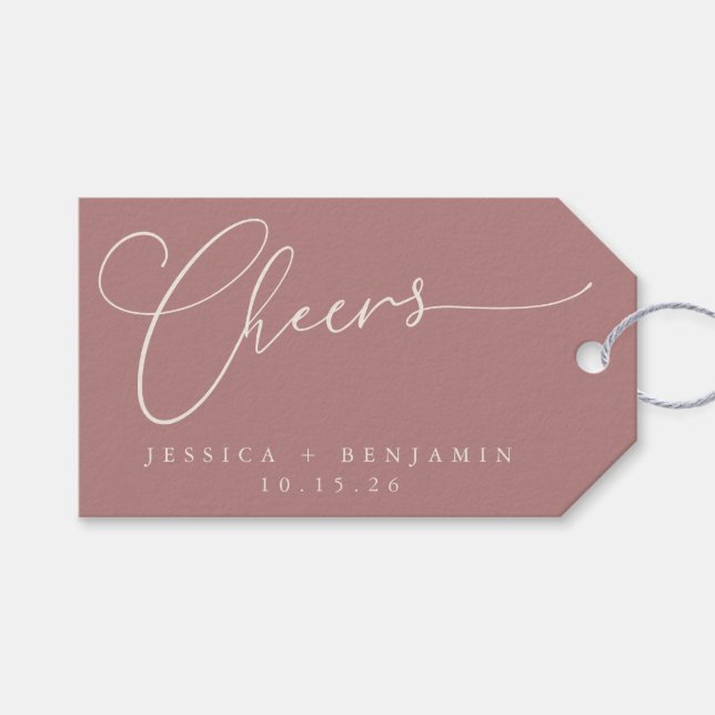 Dusty Rose Cheers Script with Names and Date Gift Tags (Front (Horizontal))