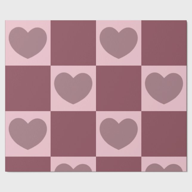 Dusty Rose Chequered Hearts Wrapping Paper (Seam)