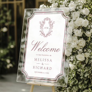 Dusty Rose Chinoiserie Crest Wedding Welcome Acrylic Sign