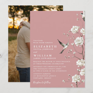 Dusty Rose Chinoiserie Floral Garden Wedding Photo Invitation