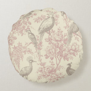 Dusty Rose Chinoiserie Peacock Aviary Floral Toile Round Pillow