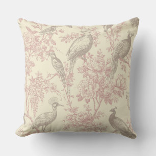 Dusty Rose Chinoiserie Peacock Aviary Floral Toile Throw Pillow