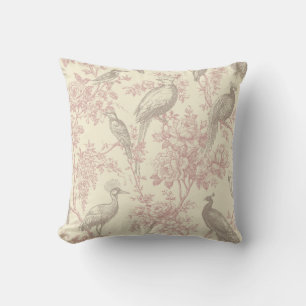 Dusty Rose Chinoiserie Peacock Aviary Floral Toile Throw Pillow